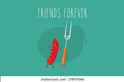 BBQ party. Sausage and barbecue tools. Vector cartoon. Friends forever. Comic characters. You can use in the menu, in the shop, in the bar, the card or stickers. Easy to edit.