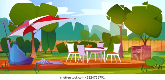 BBQ party scenery. Landscape with stone grill or stove, white table and chairs, large umbrella and armchair. Backyard with fence and outdoor picnic furniture. Cartoon flat vector illustration