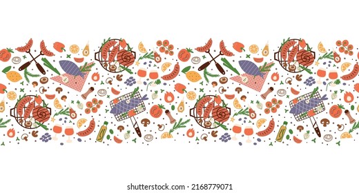 BBQ party seamless border. Summer picnic party food. Outdoor picnic party seamless banner with barbecue grill, roasted sausages, tomatoes, vegetables, grilled fish, tomatoes. Vector illustration.