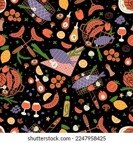 Fiesta de barbacoa sin fisuras. Fondo de repetición de la comida de la fiesta barbacoa. Papel de picnic de verano con parrilla barbacoa, salchichas asadas, tomates y pescado a la parrilla. Ilustración del vector de comida picnic de dibujos animados.