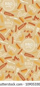 BBQ party seamless pattern with grill, barbecue utensils, hot dog and corn