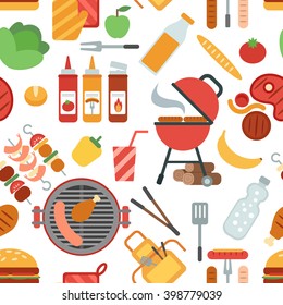 BBQ party seamless pattern with grill meat and vegetables flat vector illustration