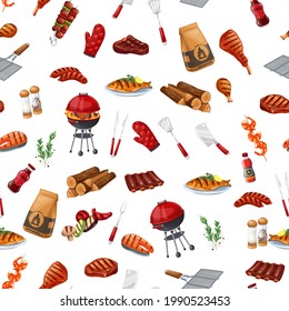 BBQ party seamless pattern, vector illustration. Background with barbecue, grill or picnic. Grilled salmon, sausage, vegetables, meat steak фтв shrimp.