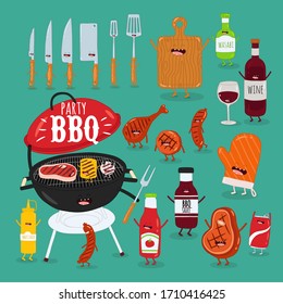 BBQ party set. Cheerful roaster invites everyone. Vector illustration.