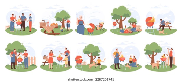 Fiesta de barbacoa. Diferente grupo de personajes asando carne y verduras en el exterior. El ocio de verano con amigos y familia. Picnic en el patio trasero un fin de semana. Ilustración vectorial plana