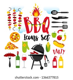 BBQ party set icons on white background with symbols of street food.