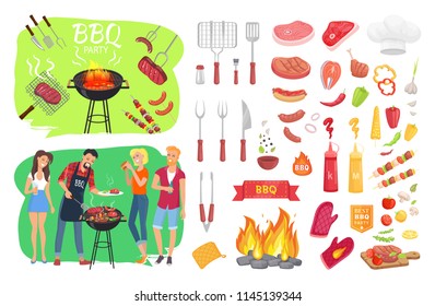 BBQ party set people cooking meat isolated icons set vector. Grilling beef and sausages. Flatware with vegetables barbeque fire and protective mittens