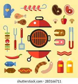 BBQ party. Set for a picnic. Different kinds of meat and fish steaks, sausages. Summer vacation. Vector flat Illustration