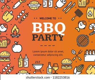 Bbq Party Signs Round Design Template Thin Line Icon Concept Frame or Border for Text. Vector illustration of Barbecue