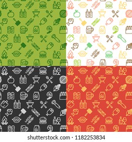 Bbq Party Signs Seamless Pattern Background Set on a Red, Black and Green. Vector illustration of Barbecue