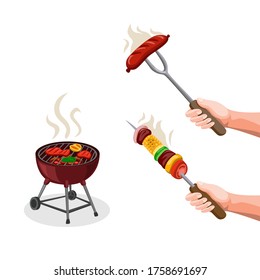 BBQ Party Steak, Kaboob with Vegetable and Grill Food. Summer Season Food Symbol Icon Collection Set in Cartoon illustration Vector on White Background 