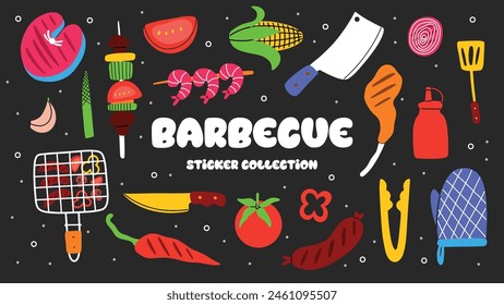 BBQ party sticker set. Barbecue or picnic tools.
