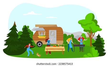 Bbq party, summer picnic with food outdoor, vector illustration, flat people character cook meat at grill, family together at barbecue.