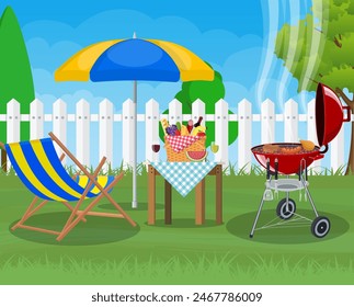 Bbq party. Sun lounger, grill with barbecue and umbrella. Cooking steak, meat and sausages, grilling bbq. Vector illustration flat style