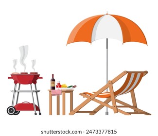 Bbq party. Sun lounger, table with bottle of wine, vegetables and cheese, electric grill with barbecue and umbrella. Cooking steak, meat and sausages, grilling bbq. Vector illustration flat style