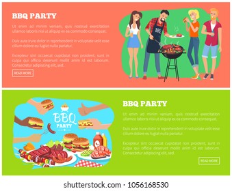 BBQ party and text samples, people cooking and grilling, bbq party website pages, and human hands with fast food, isolated on vector illustration