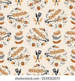 BBQ Party Time. Meat Kebab or Shashlik and Barbeque Vegetable Skewer. Barbecue Grill Meat and Vegetable. Vector Seamless Food Pattern. Hand drawn. Not AI.