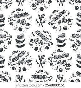 BBQ Party Time. Meat Kebab or Shashlik and Barbeque Vegetable Skewer. Barbecue Grill Meat and Vegetable. Seamless Food Pattern. Hand drawn. Not AI. Black and white Vector illustration