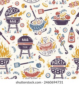 BBQ Party Time. Seamless Food Pattern of Portable Charcoal Grill and Barbecue Meat and Vegetable. Meat Kebab or Shashlik and Barbeque Vegetable Skewer. Handmade. Hand drawing. Not AI. Vector