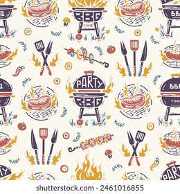 BBQ Party Time. Seamless Food Pattern. Portable Charcoal Grill and Barbecue Meat and Vegetable. Meat Kebab or Shashlik and Barbeque Vegetable Skewer. Handmade. Hand drawing. Not AI. Vector