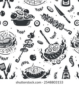 BBQ Party Time. Seamless Food Pattern of Barbecue Grill Meat and Vegetable. Meat Kebab or Shashlik and Barbeque Vegetable Skewer. Hand drawn. Not AI. Black and white Vector illustration