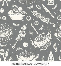 BBQ Party Time. Seamless Food Pattern of Barbecue Grill Meat and Vegetable. Meat Kebab or Shashlik and Barbeque Vegetable Skewer. Hand drawn. Not AI. Vector illustration