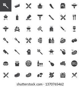 BBQ party time vector icons set, modern solid symbol collection, filled style pictogram pack. Signs, logo illustration. Set includes icons as Barbecue grill, Beef steak meat, Grilled chicken, Sausage