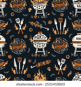 BBQ Party Time. Vector Seamless Food Pattern of Portable Charcoal Grill and Barbecue Meat and Vegetable. Meat Kebab or Shashlik and Barbeque Vegetable Skewer. Hand drawing. Not AI.