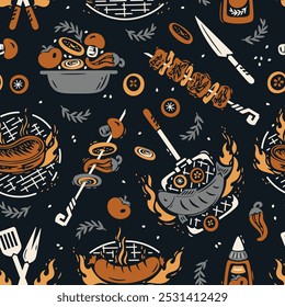 BBQ Party Time. Vector Seamless Food Pattern of Barbecue Grill Meat and Vegetable. Meat Kebab or Shashlik and Barbeque Vegetable Skewer. Hand drawing. Not AI.