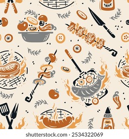 BBQ Party Time. Vector Seamless Food Pattern of Barbecue Grill Meat and Vegetable. Meat Kebab or Shashlik and Barbeque Vegetable Skewer. Hand drawn. Not AI.