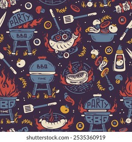 BBQ Party Time. Vector Seamless Food Pattern of Portable Charcoal Grill and Barbecue Meat and Vegetable. Meat Kebab or Shashlik and Barbeque Vegetable Skewer. Hand drawn. Not AI. 