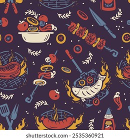 BBQ Party Time. Vector Seamless Food Pattern of Barbecue Grill Meat and Vegetable. Meat Kebab or Shashlik and Barbeque Vegetable Skewer. Hand drawn. Not AI.