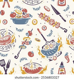 BBQ Party Time. Vector Seamless Food Pattern of Barbecue Grill Meat and Vegetable. Meat Kebab or Shashlik and Barbeque Vegetable Skewer. Hand drawn. Not AI.