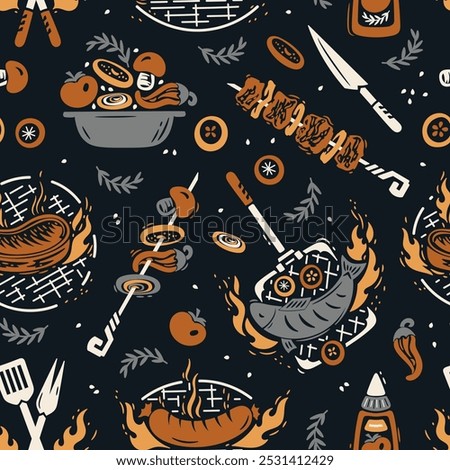 BBQ Party Time. Vector Seamless Food Pattern of Barbecue Grill Meat and Vegetable. Meat Kebab or Shashlik and Barbeque Vegetable Skewer. Hand drawing. Not AI.