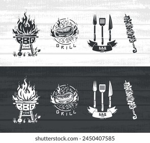 BBQ Party Time Vector Set. Grill Barbecue Food. Grilled Meat Steak. Portable Charcoal Grill with Fire Flame. Kebab or Shashlik. Ribbon Banner with Barbecue Fork, Spatula, Knife. Black and white Vector