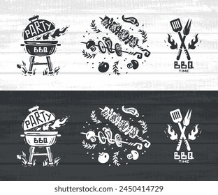 BBQ Party Time Vector Set. Portable Charcoal Grill with Fire Flame. Grill Barbecue Food. Meat Kebab or Shashlik and Barbeque Vegetable Skewer. Barbecue Fork and Spatula.