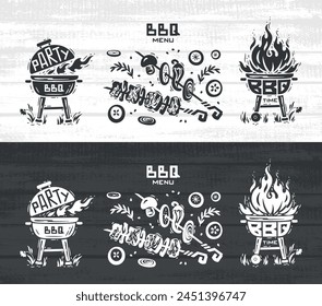 BBQ Party Time Vector Set. Portable Charcoal Grill with Fire Flame. Grill Barbecue Food. Meat Kebab or Shashlik and Barbeque Vegetable Skewer. 