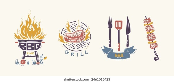 BBQ Party Time Vector Set. Grill Barbecue Food. Grilled Meat Steak. Grill with Fire Flame. Kebab or Shashlik. Ribbon Banner with Barbecue Fork, Spatula, Knife. Handmade. Hand drawing. Not AI. Vector