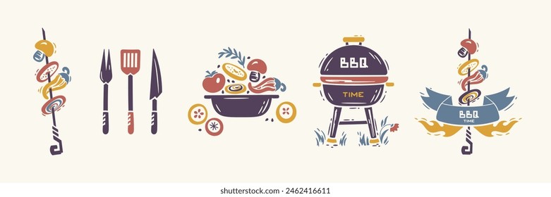 BBQ Party Time Vector Set. Grill, Ribbon Banner with Fire Flames and Grilled Vegetables. Barbeque Vegetable Skewer. Fork, Spatula, Knife. Healthy Vegan and Vegetarian Food. Hand drawing. Not AI.