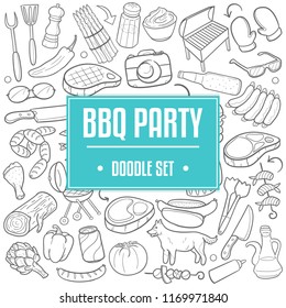 BBQ Party Traditional Doodle Icons Sketch Hand Made Design Vector