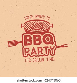 BBQ party typography poster template in retro old style. Offset and letterpress design. Letter press label, emblem. Isolated on scratched background