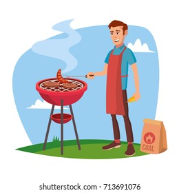 BBQ Party Vector. Barbecue Tools, Grill, Forks With Happy Man. Flat Cartoon Illustration
