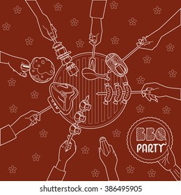 BBQ party vector, contour illustration. Hands holding the various elements of a barbecue party,