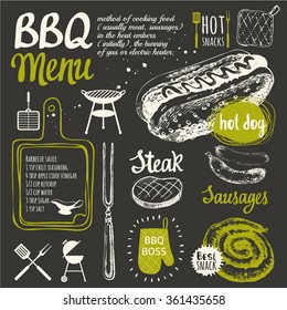 BBQ party. Vector illustration of festive traditional American food. Funny labels of weekend: sausages and hot dogs on black background. Barbecue.