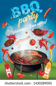 Bbq Party Vertical Banner, Oven with Steaks and Sausages, Grilling Machine with Meat, Pork, Beef Sirloins, Barbeque Food on Fire, Tomato Ketchup and Mustard Bottles, 3D Vector Realistic Illustration