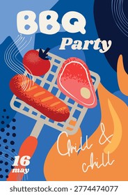 BBQ party vertical banner, poster, card with grilled beef, sausage, flame, outdoor grilled, food vector illustration 