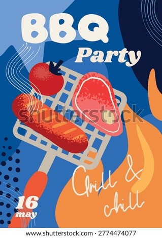 BBQ party vertical banner, poster, card with grilled beef, sausage, flame, outdoor grilled, food vector illustration 