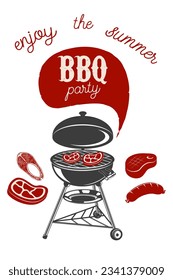 BBQ party vintage flyer on grunge background. Grill with kitchen tools, steaks, sausage. Design elements for restaurant menu, poster. Vector illustration.