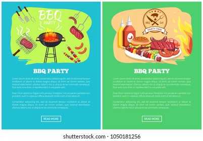 BBQ party web pages collection, text sample and lettering, meat and sausages, party time and bbq, fire and burger isolated on vector illustration