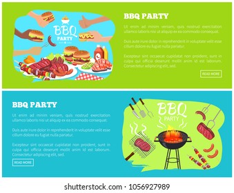 BBQ party web sites with text sample and lettering, bbq party sausages and steak, meat and sauce grill isolated on green and blue vector illustration